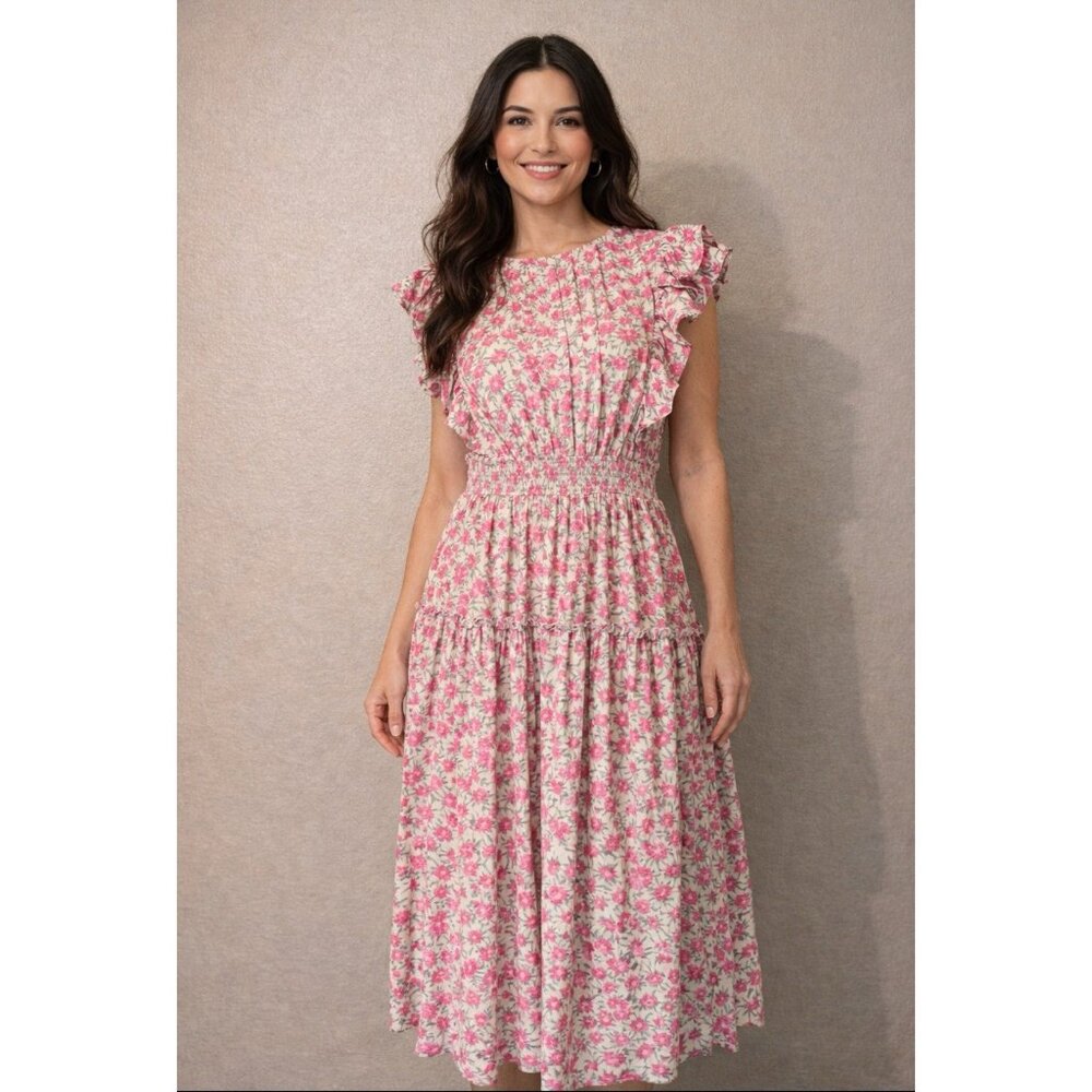 Moon River Tiered Floral Midi Dress S Pink Yellow Green Smocked Stretch NEW NWT